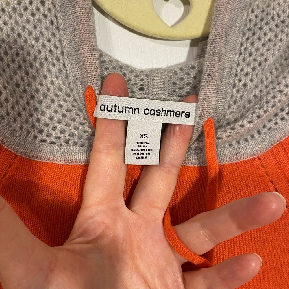 Autumn Cashmere 100% CASHMERE Hooded Two Tone Hi Lo Sweater Orange Gray Size XS - Picture 5 of 6